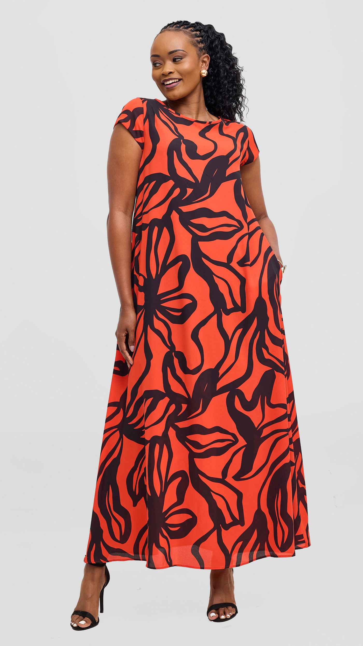 Vivo Basic Cap Sleeve Chiffon Maxi Dress - Orange / Black Nitai Print