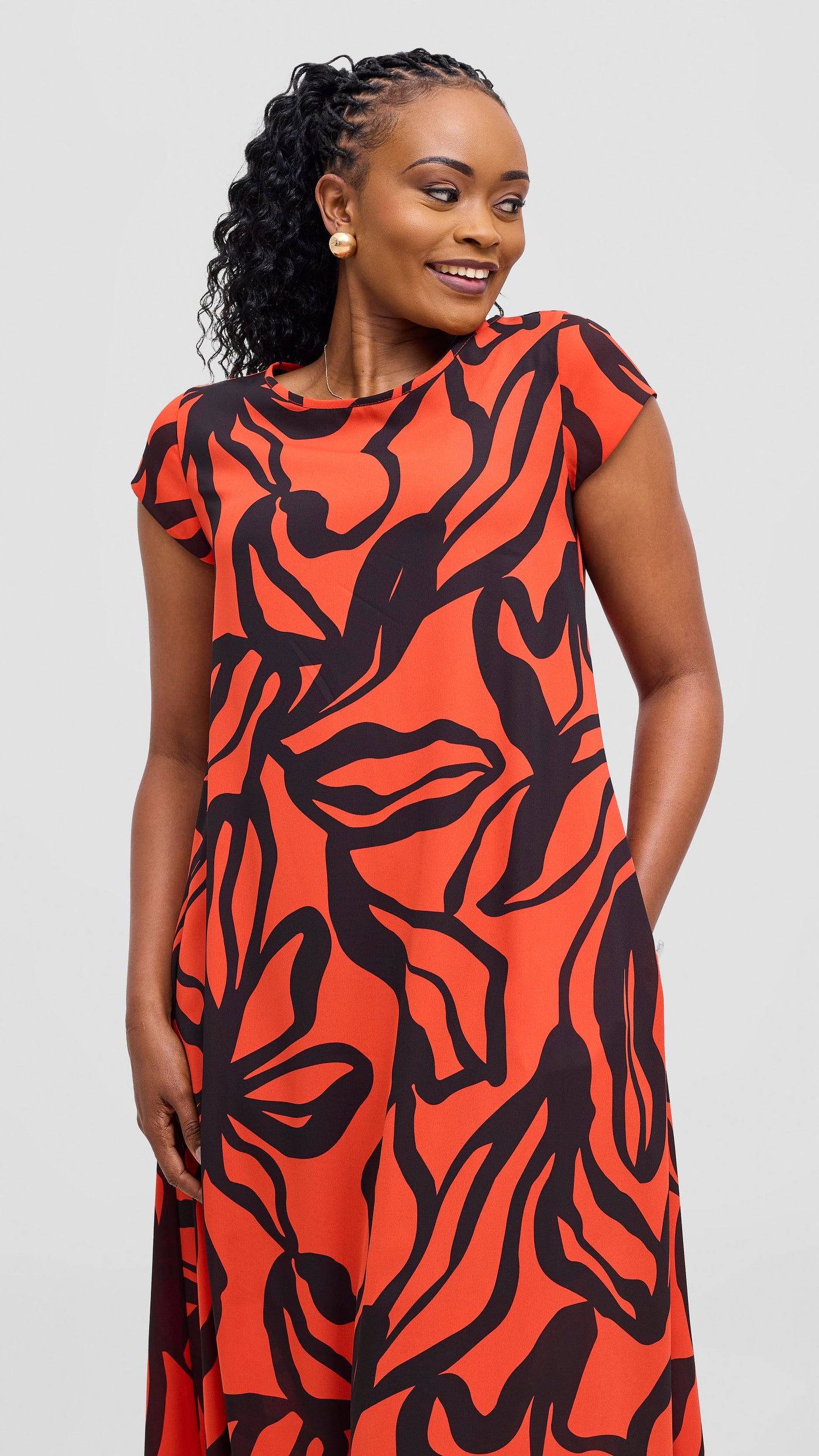 Vivo Basic Cap Sleeve Chiffon Maxi Dress - Orange / Black Nitai Print