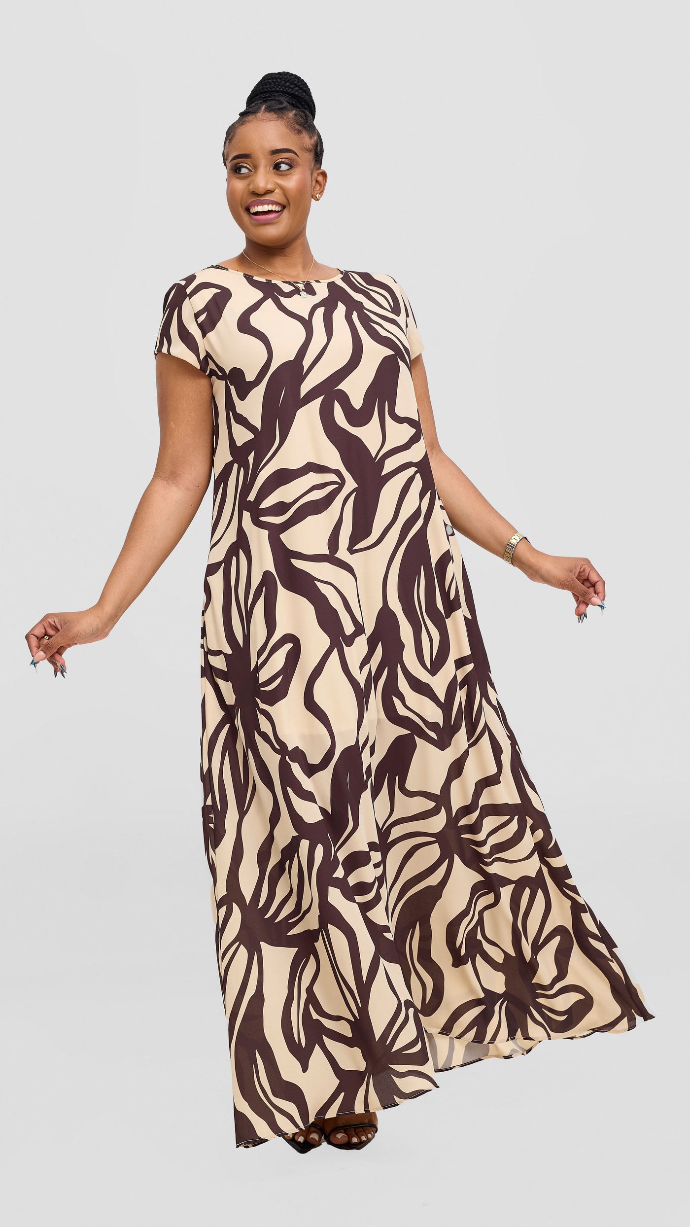 Vivo Basic Cap Sleeve Chiffon Maxi Dress - Buttermilk / Chocolate Nitai Print