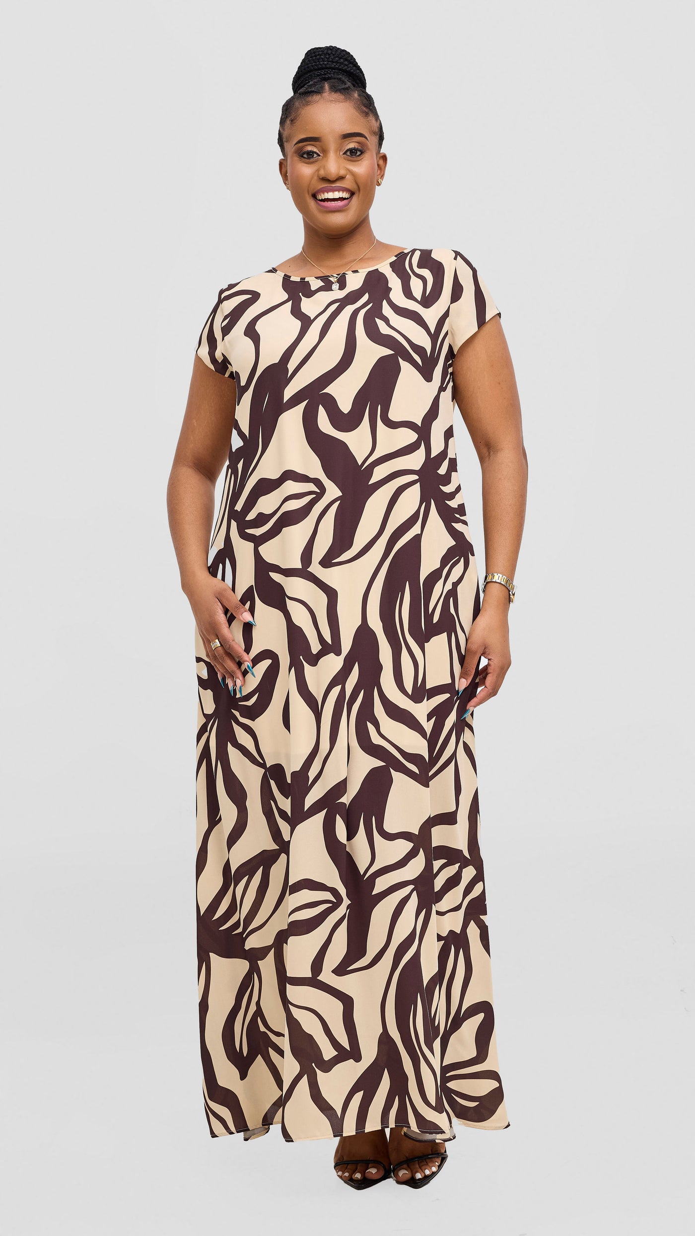 Vivo Basic Cap Sleeve Chiffon Maxi Dress - Buttermilk / Chocolate Nitai Print