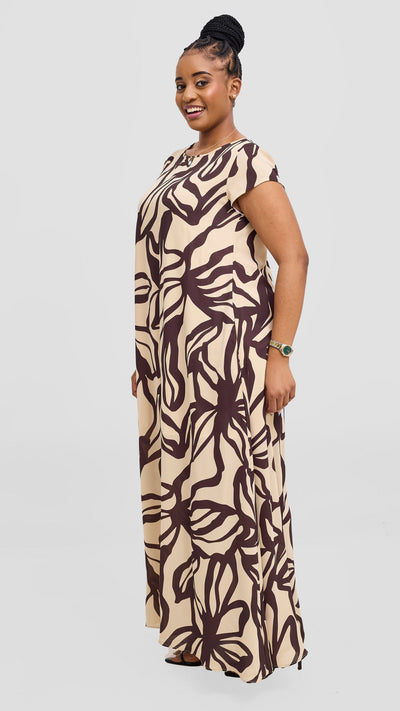 Vivo Basic Cap Sleeve Chiffon Maxi Dress - Buttermilk / Chocolate Nitai Print