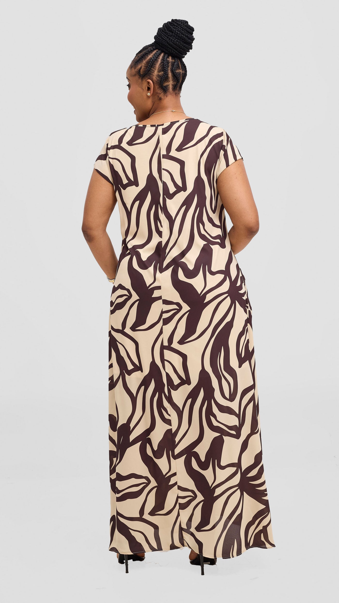 Vivo Basic Cap Sleeve Chiffon Maxi Dress - Buttermilk / Chocolate Nitai Print