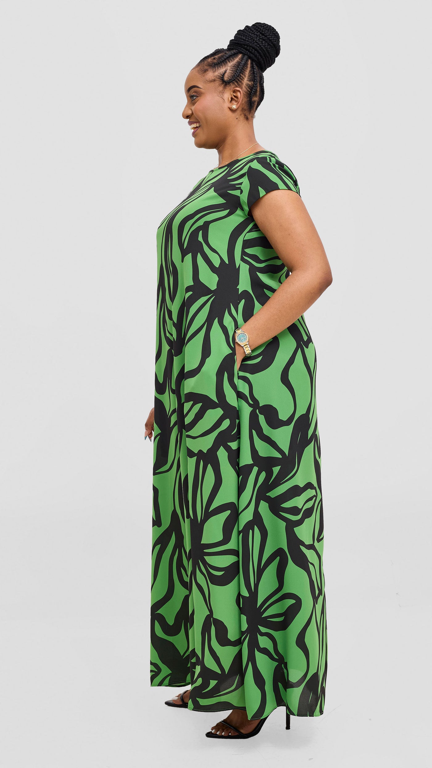 Vivo Basic Cap Sleeve Chiffon Maxi Dress - Green  / Black Nitai Print