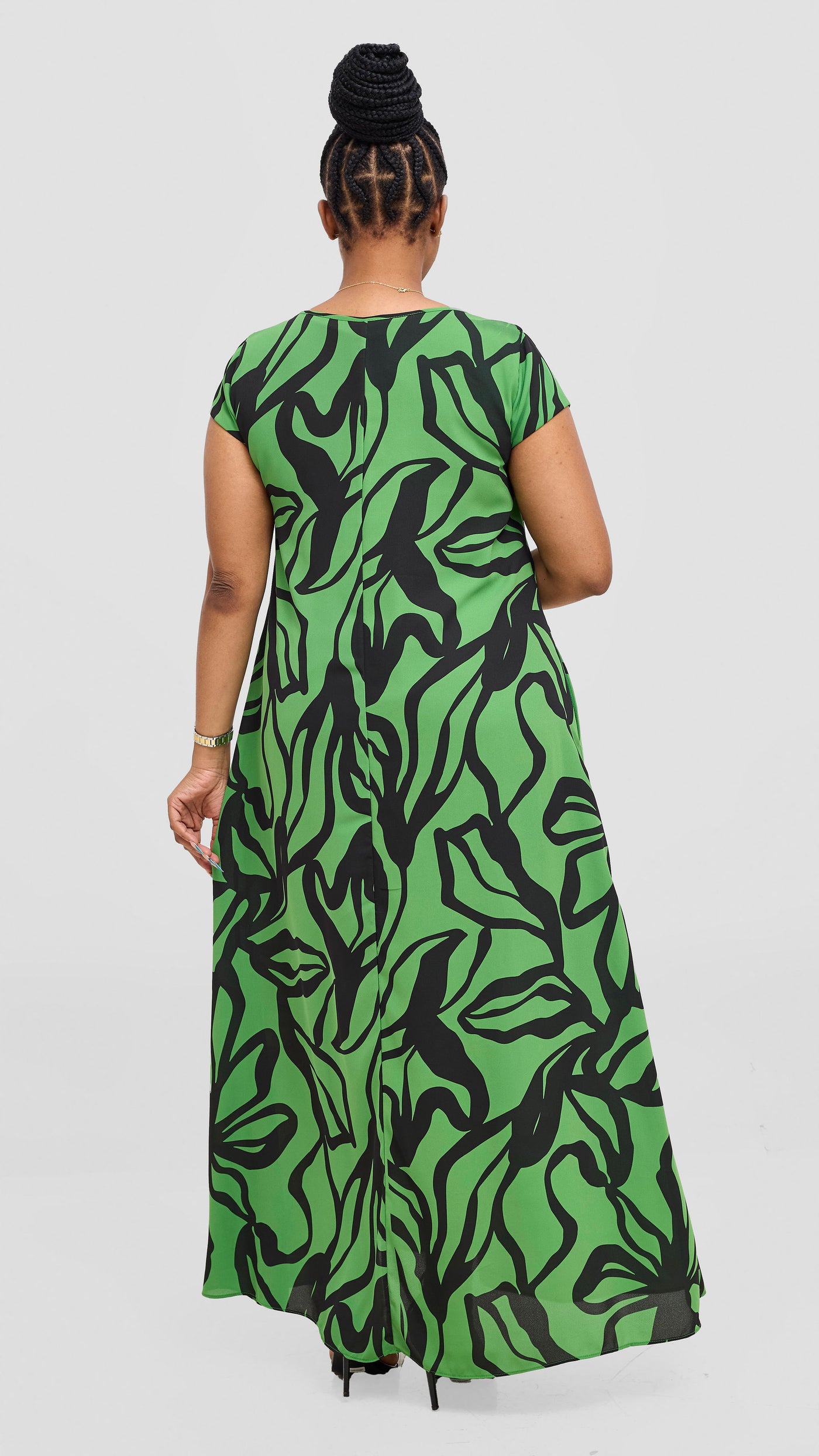 Vivo Basic Cap Sleeve Chiffon Maxi Dress - Green  / Black Nitai Print