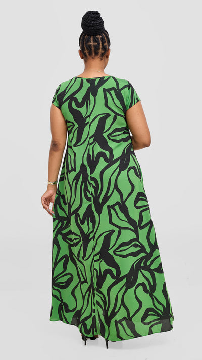 Vivo Basic Cap Sleeve Chiffon Maxi Dress - Green  / Black Nitai Print