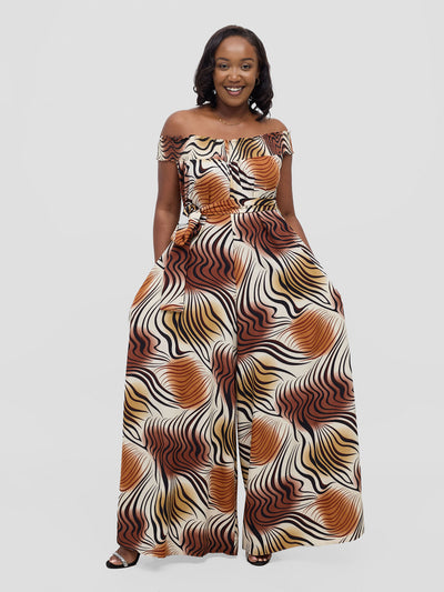 Vivo Alek Shirred Off - Shoulder Jumpsuit - Cream Jazah Print - Shopzetu