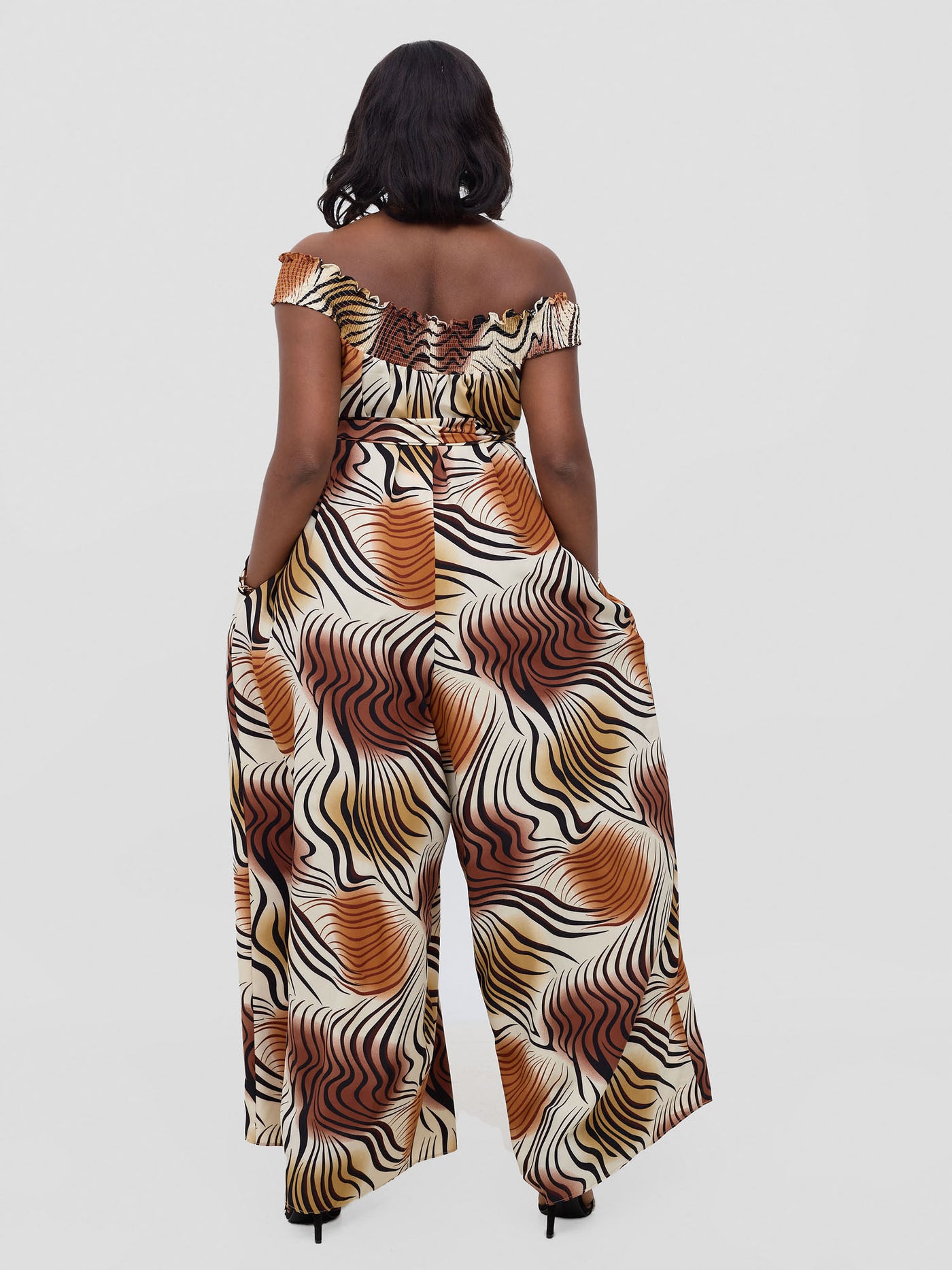 Vivo Alek Shirred Off - Shoulder Jumpsuit - Cream Jazah Print - Shopzetu