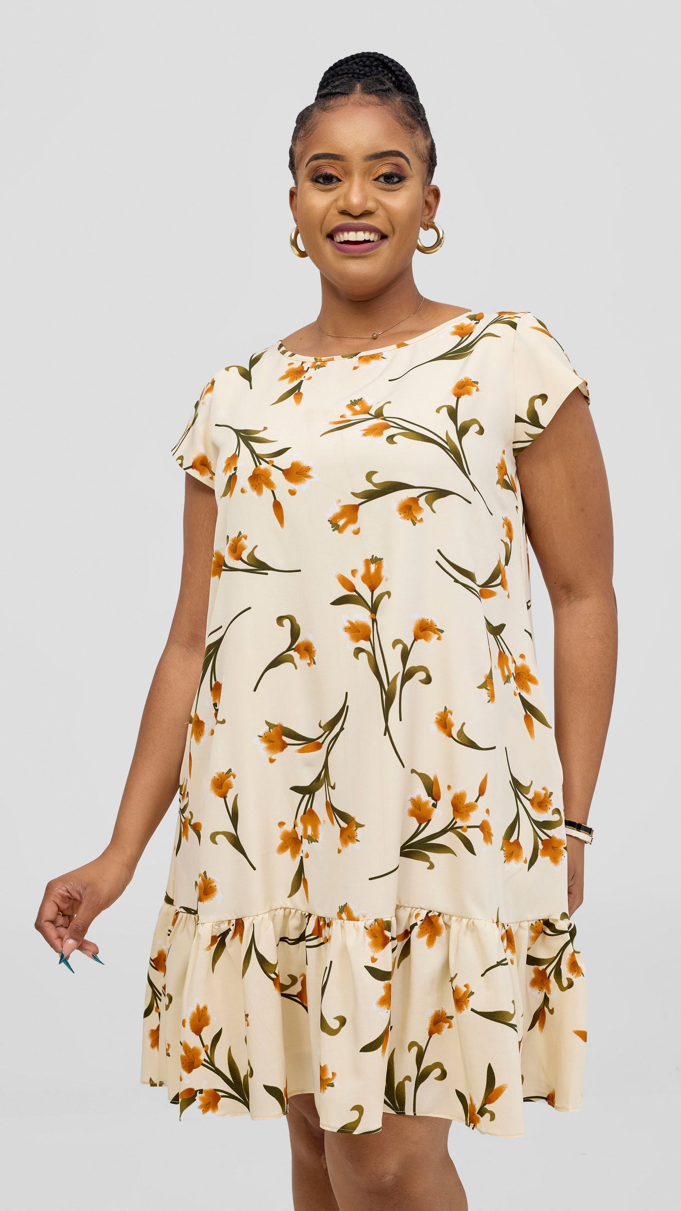 Vivo Dalia Cap Sleeve Gathered Knee Length Dress - Cream / Green Print