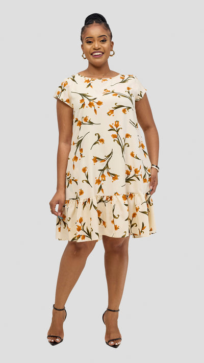 Vivo Dalia Cap Sleeve Gathered Knee Length Dress - Cream / Green Print