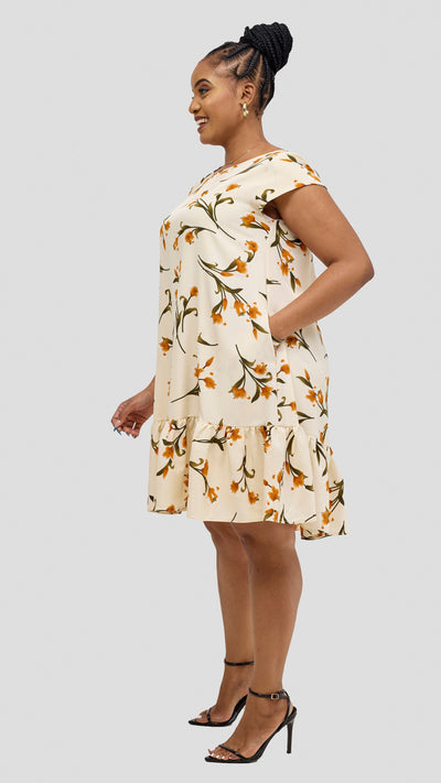 Vivo Dalia Cap Sleeve Gathered Knee Length Dress - Cream / Green Print