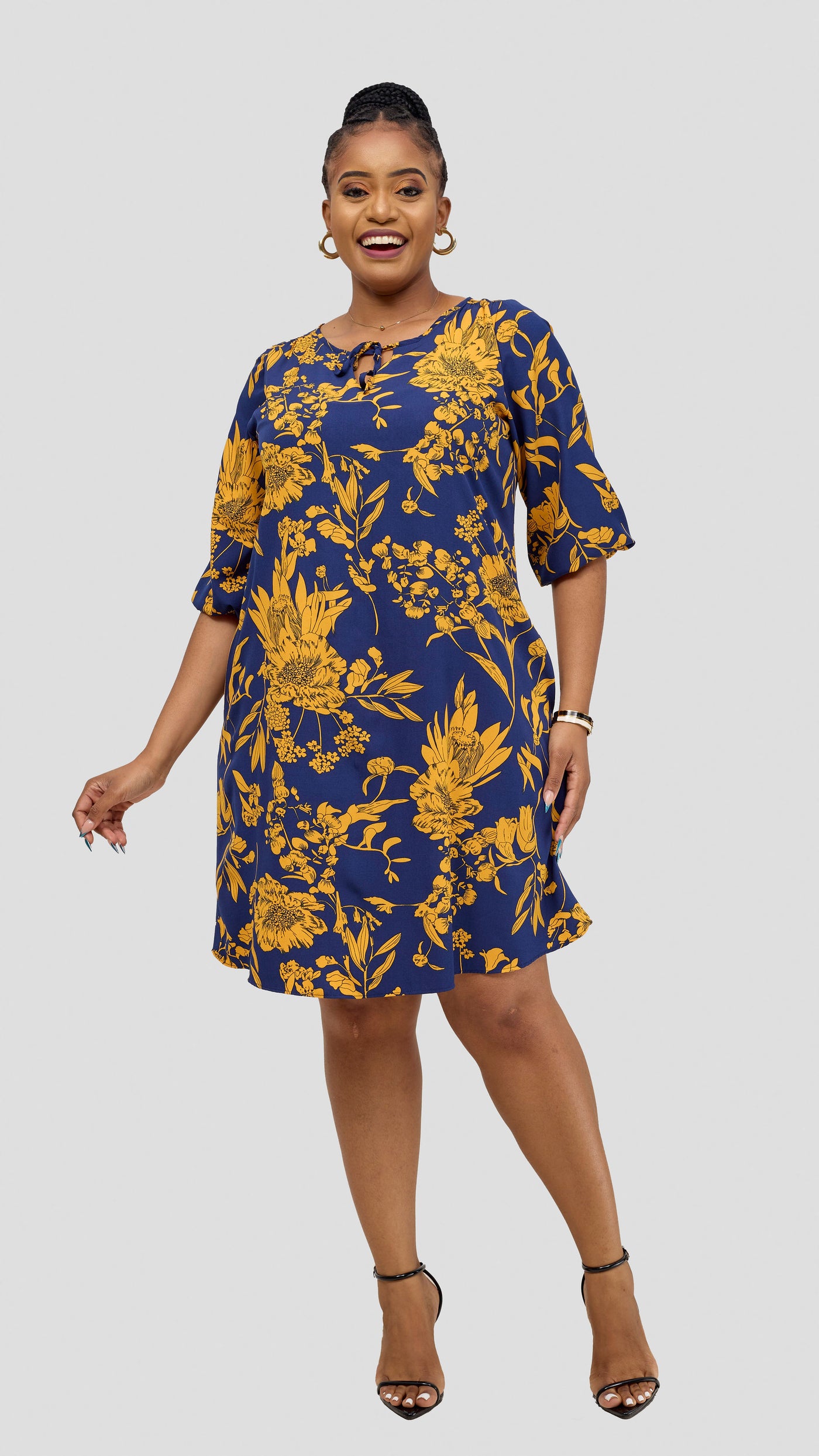 Vivo Nala 3/4 Sleeve Tent Dress - Navy / Mustard Print