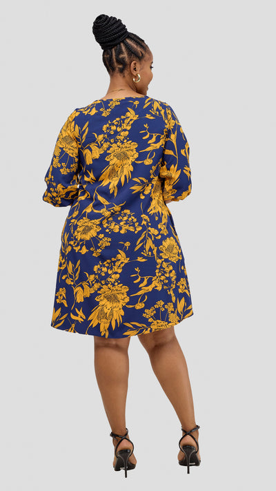 Vivo Nala 3/4 Sleeve Tent Dress - Navy / Mustard Print