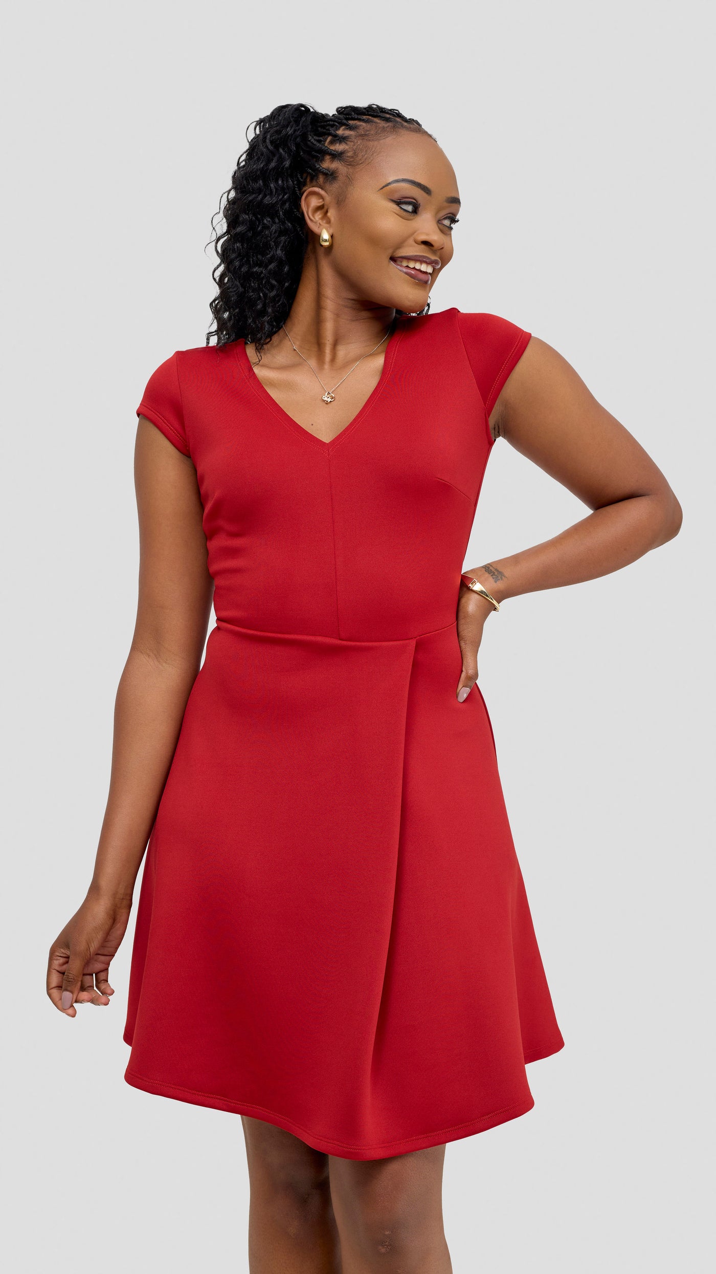 Vivo Nora Front Pleat Knee Length Dress - Dark Red