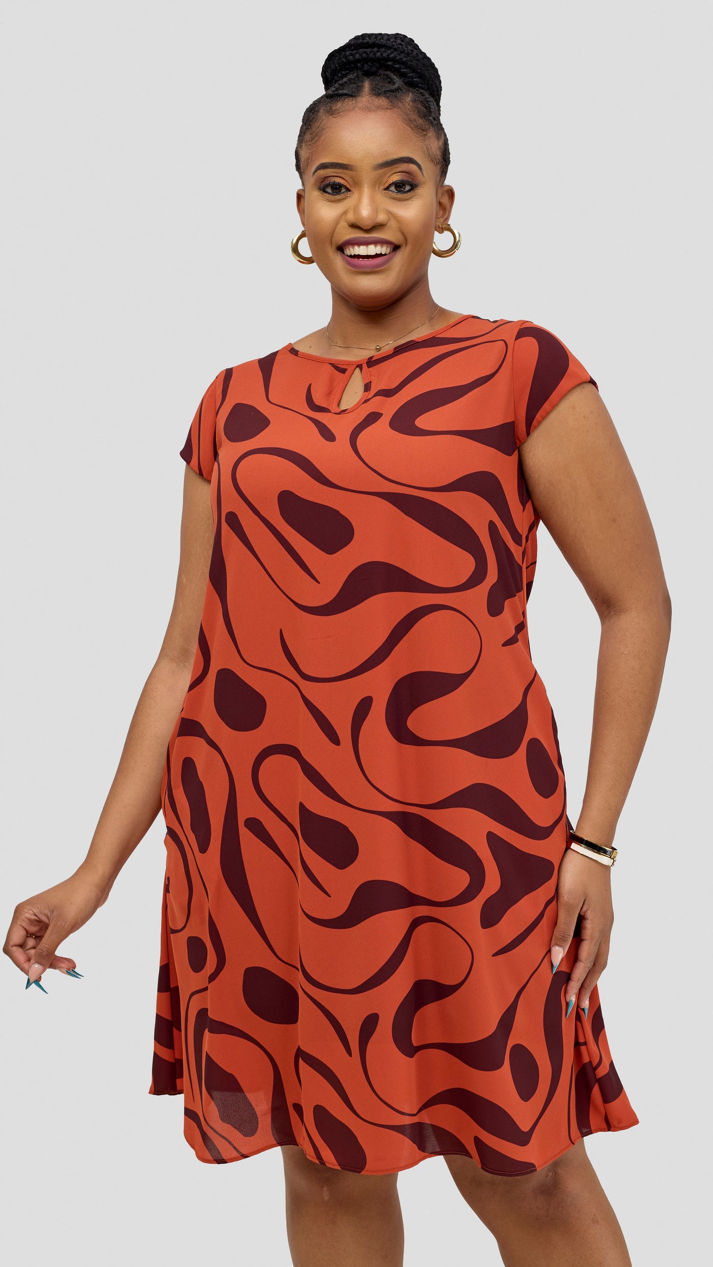 Vivo Sierra Cap Sleeve Tent Chiffon Dress - Rust / Burgundy Mohi Print