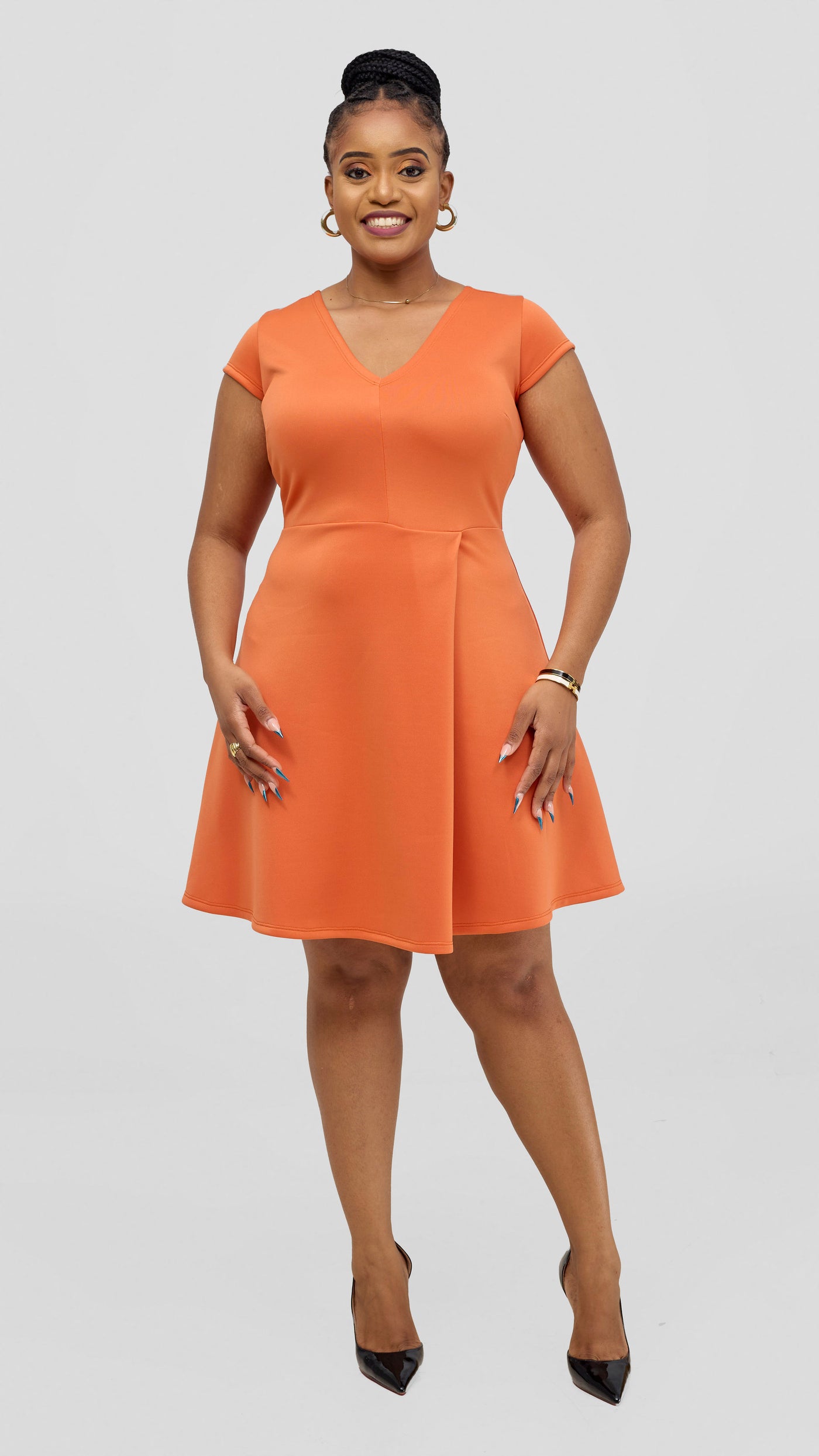Vivo Nora Front Pleat Knee Length Dress - Orange