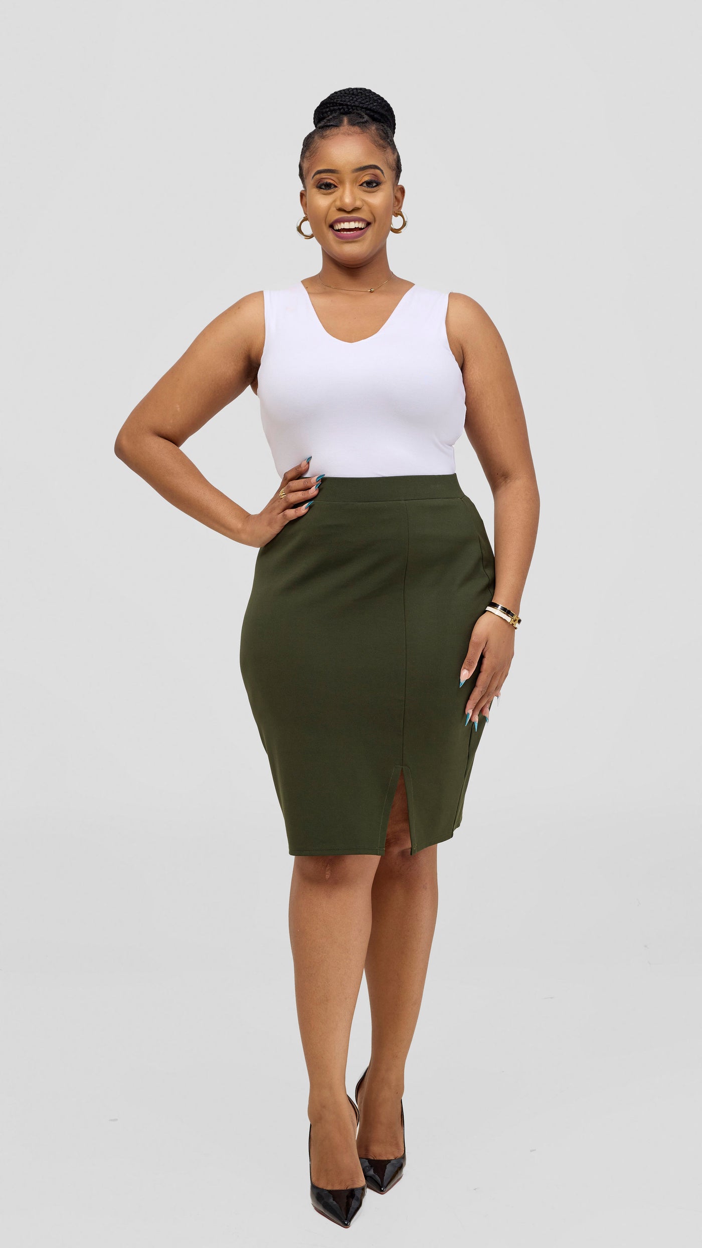 Vivo Nora Front Slit Knee Length Skirt - Hunters