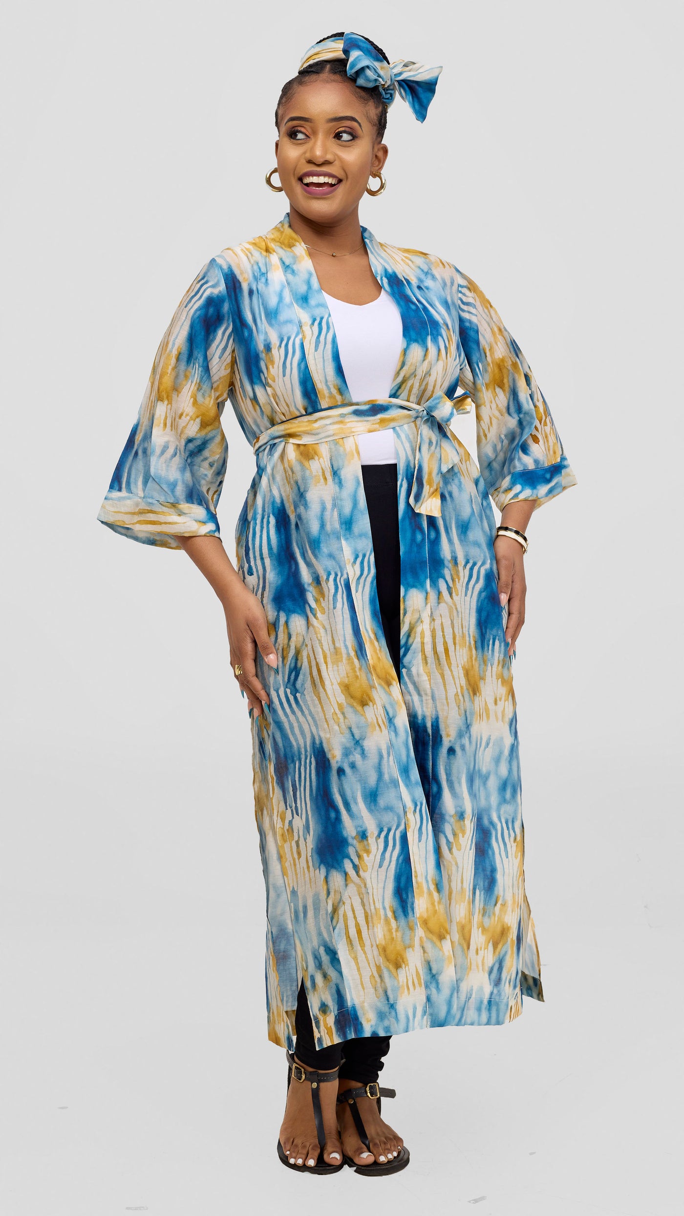 Safari by Vivo  3/4 Sleeve Maxi Kimono With Headwrap - Mustard / Cream Print