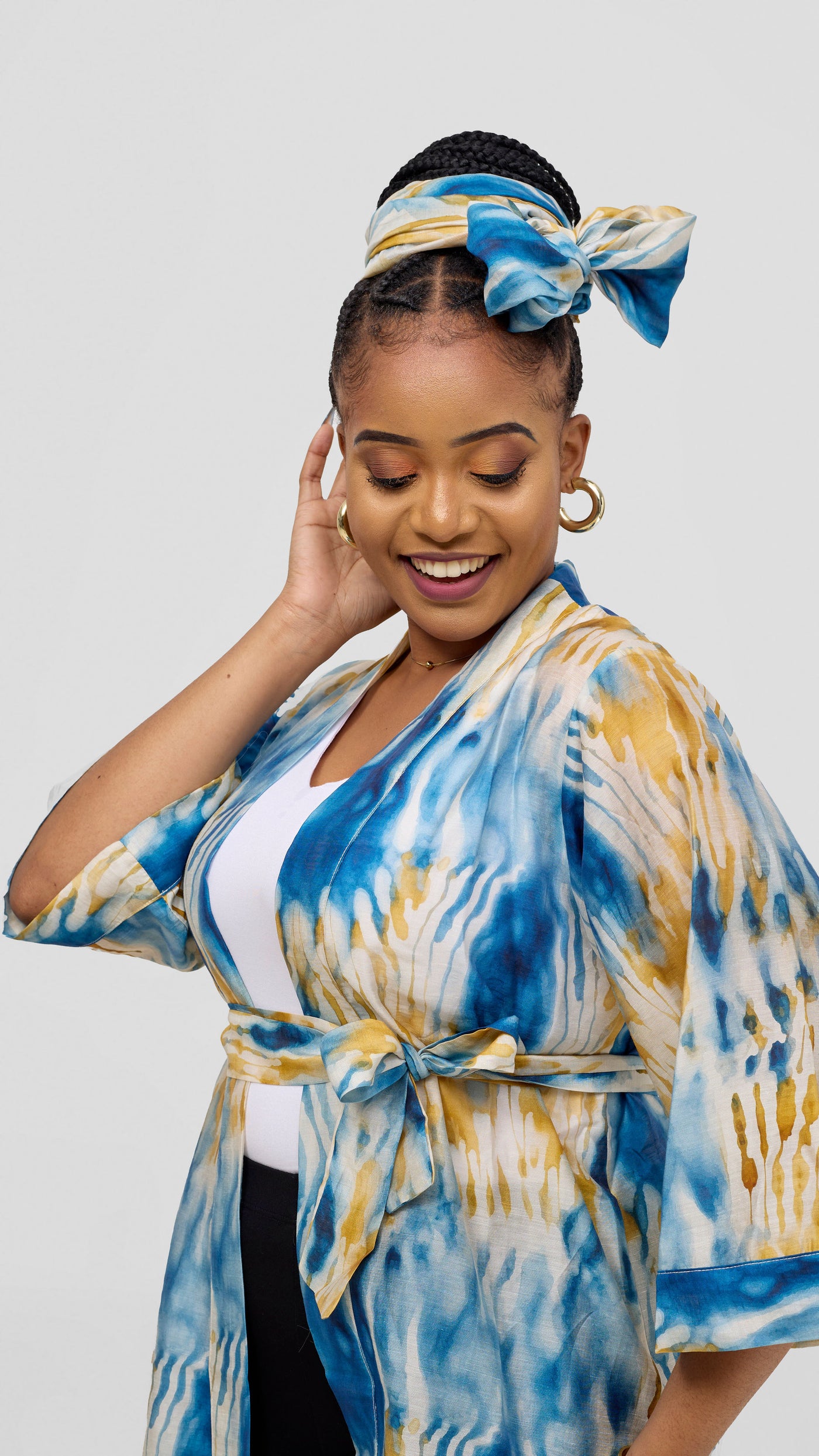 Safari by Vivo  3/4 Sleeve Maxi Kimono With Headwrap - Mustard / Cream Print