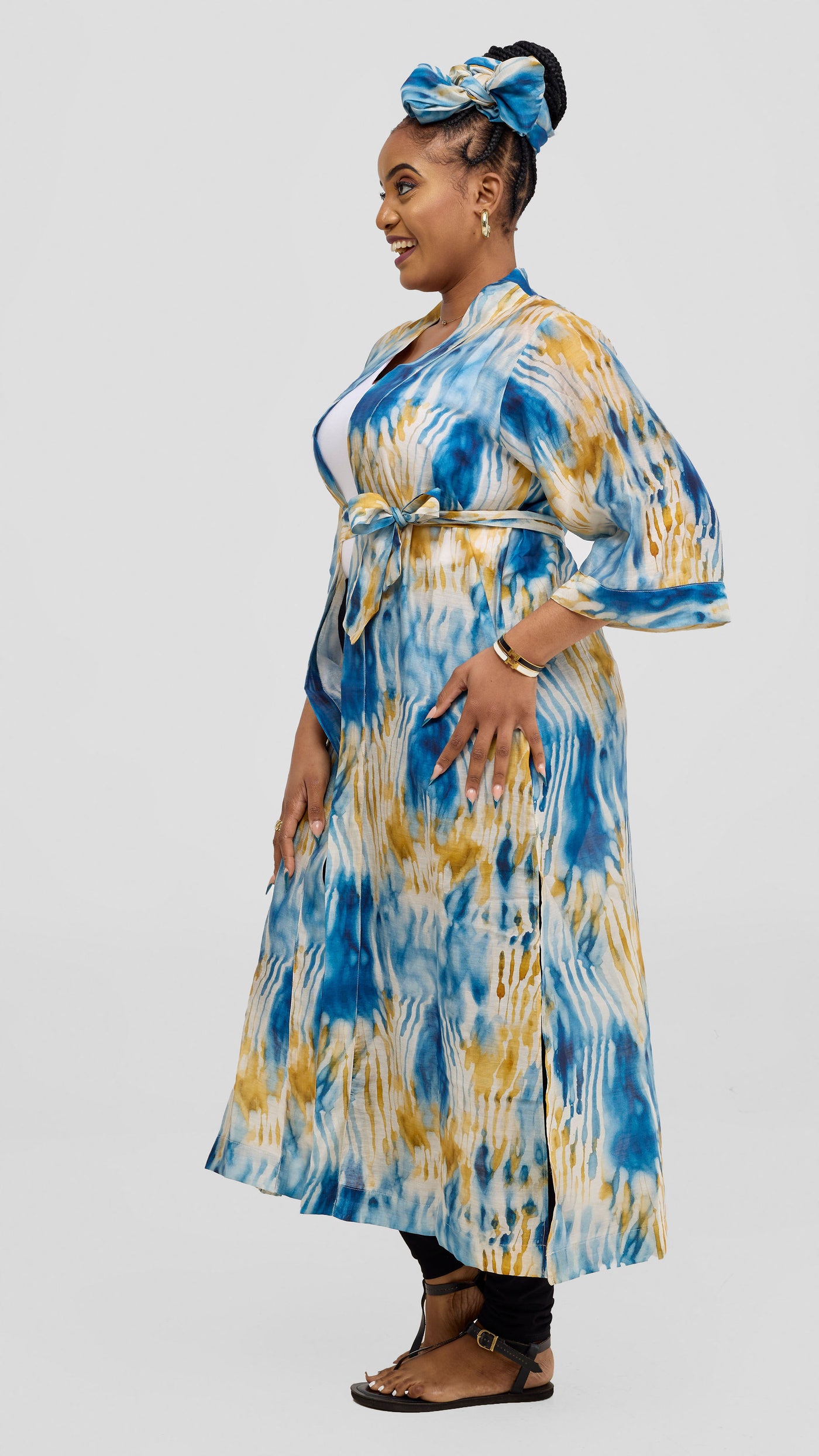 Safari by Vivo  3/4 Sleeve Maxi Kimono With Headwrap - Mustard / Cream Print