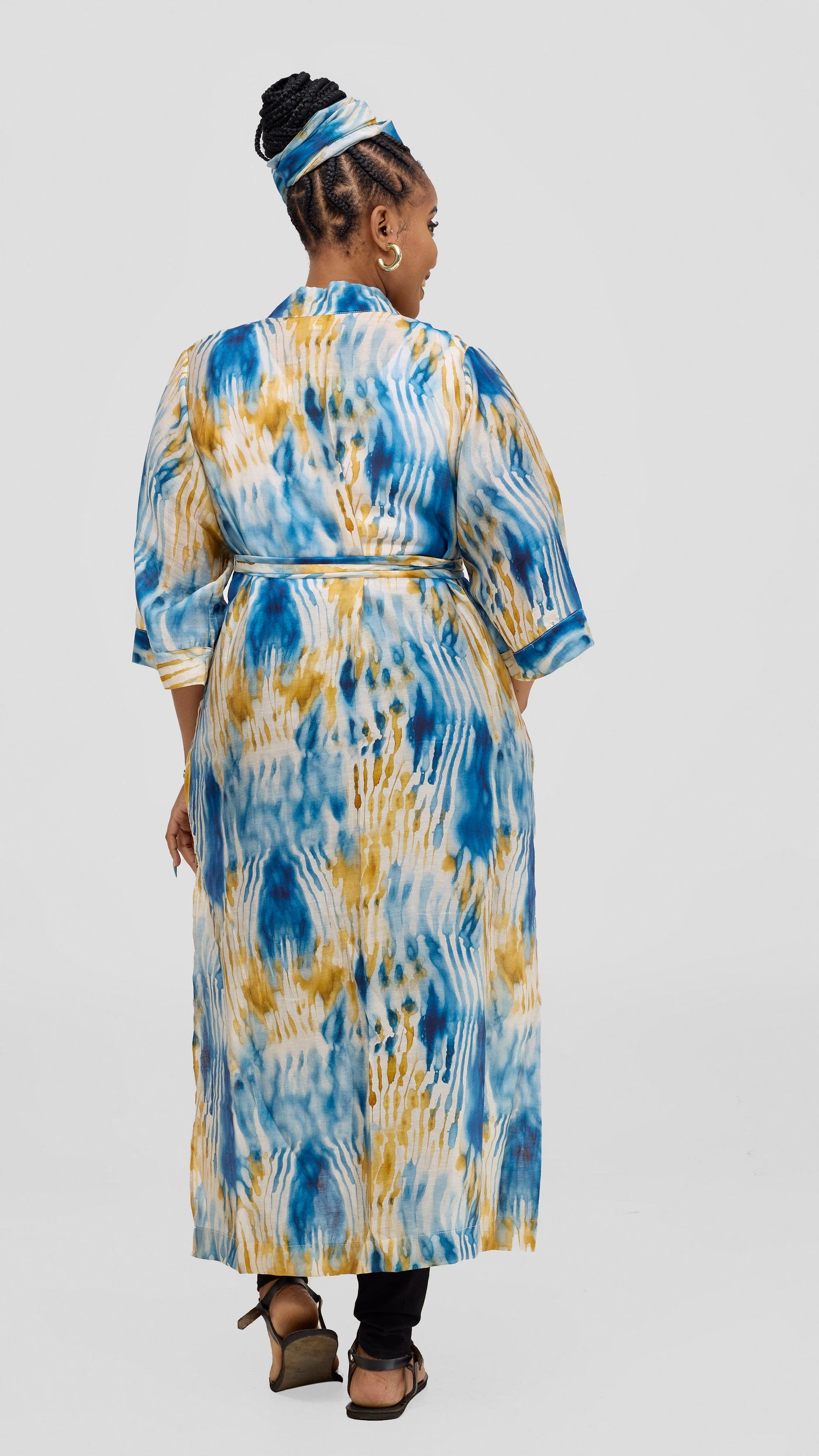 Safari by Vivo  3/4 Sleeve Maxi Kimono With Headwrap - Mustard / Cream Print