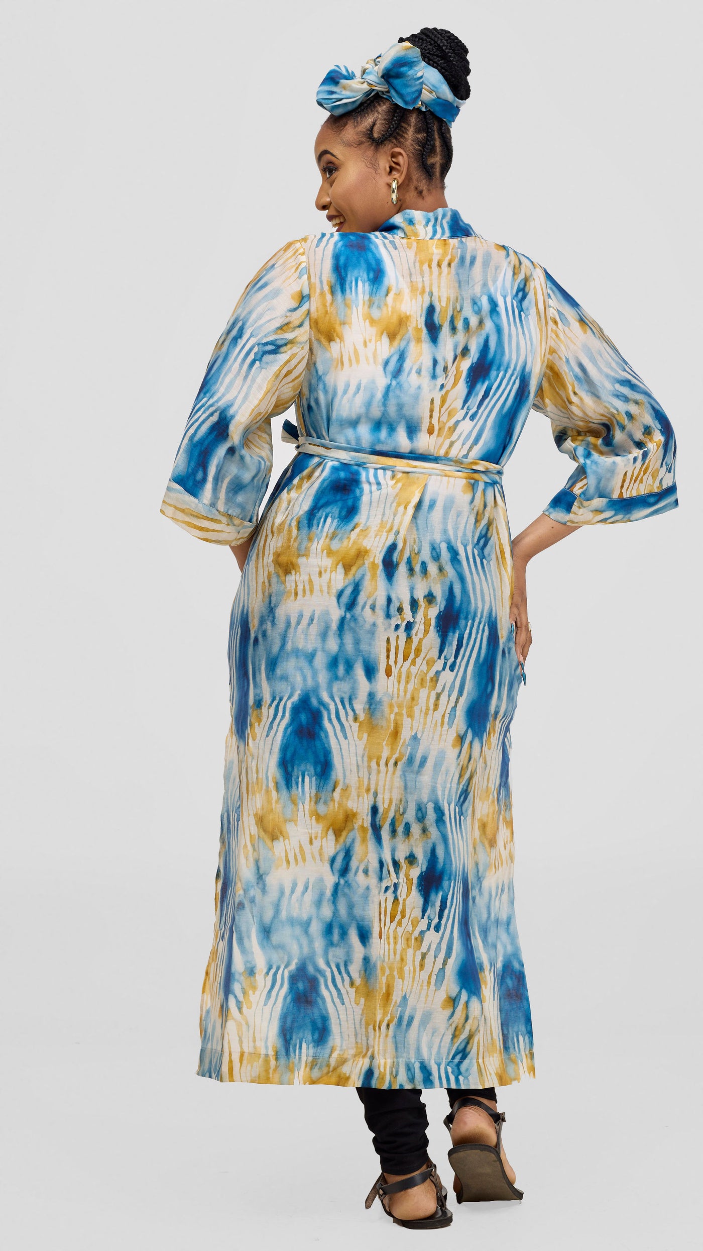 Safari by Vivo  3/4 Sleeve Maxi Kimono With Headwrap - Mustard / Cream Print