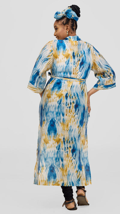 Safari by Vivo  3/4 Sleeve Maxi Kimono With Headwrap - Mustard / Cream Print