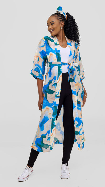 Safari by Vivo  3/4 Sleeve Maxi Kimono With Headwrap - Off White / Navy Print