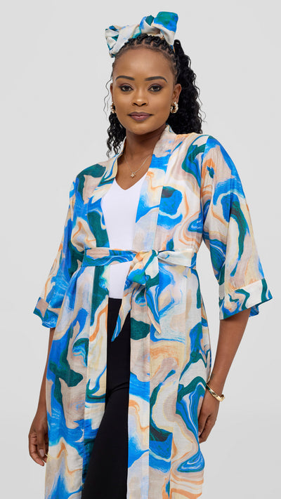 Safari by Vivo  3/4 Sleeve Maxi Kimono With Headwrap - Off White / Navy Print