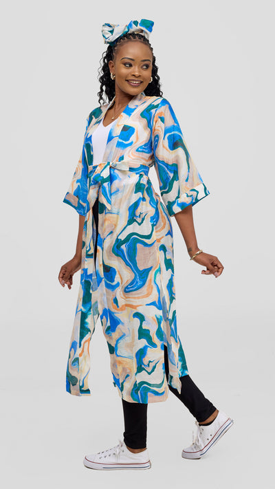 Safari by Vivo  3/4 Sleeve Maxi Kimono With Headwrap - Off White / Navy Print