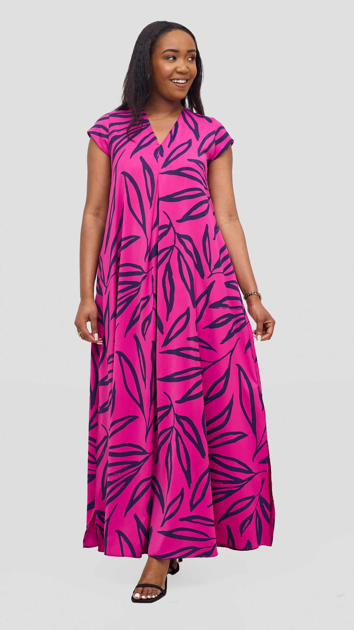 Vivo Kani Cap Sleeve Maxi Dress - Magenta  / Navy Sari Print