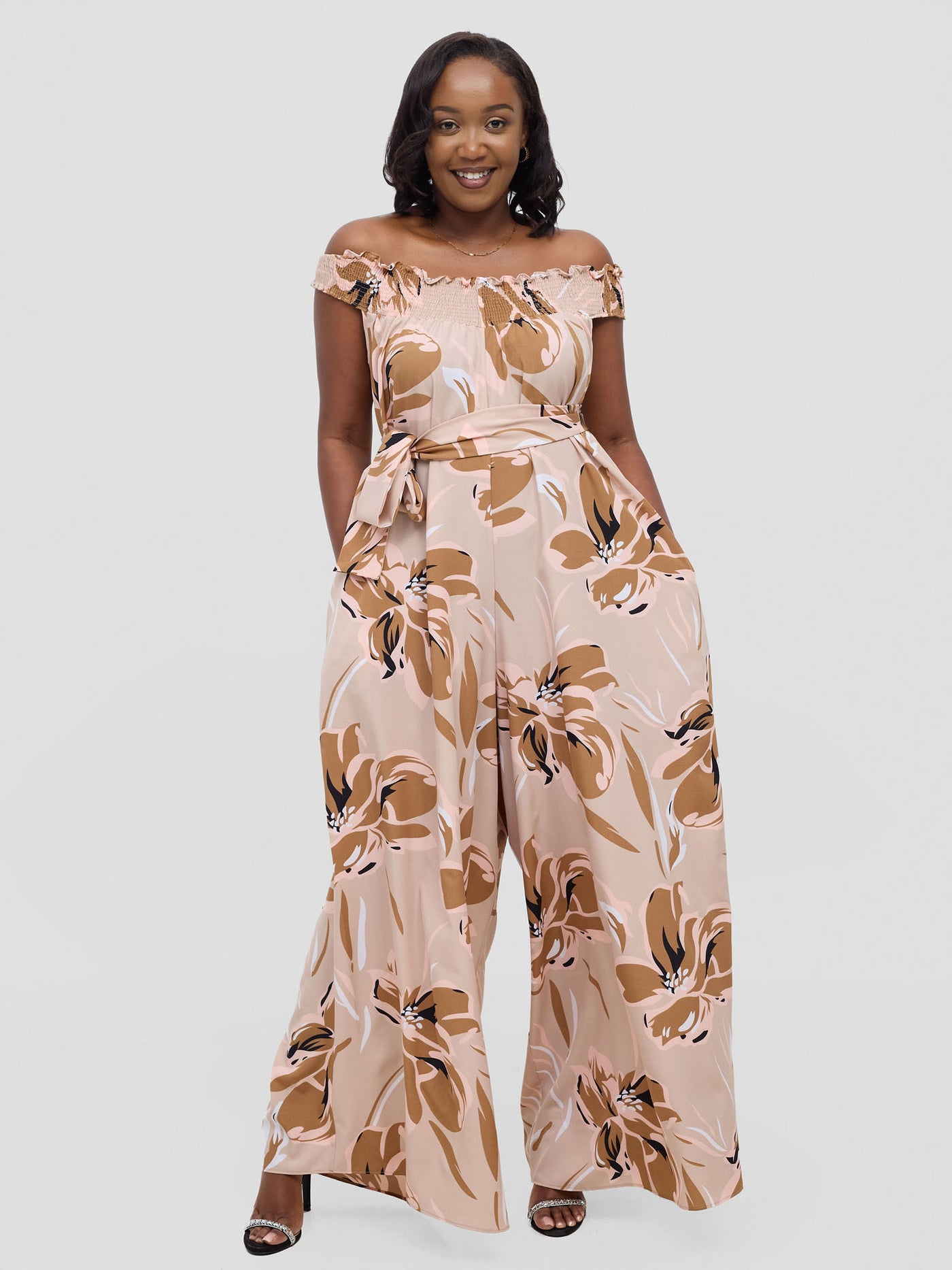 Vivo Alek Shirred Off - Shoulder Jumpsuit - Taupe Jazah Print - Shopzetu