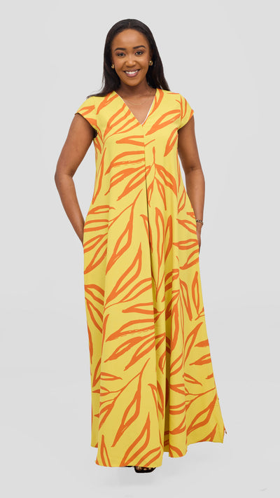 Vivo Kani Cap Sleeve Maxi Dress - Lime / Orange Sari Print