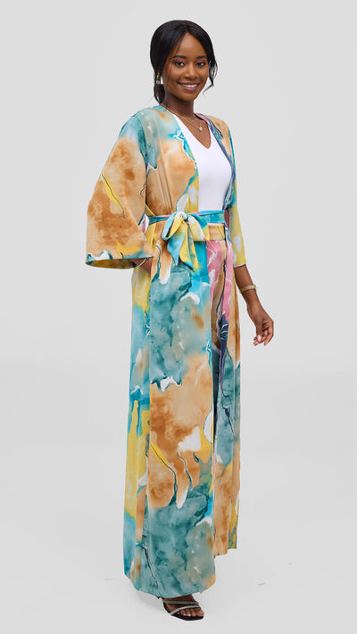 Vivo Alek High Slit Kimono - Tan / Navy Print