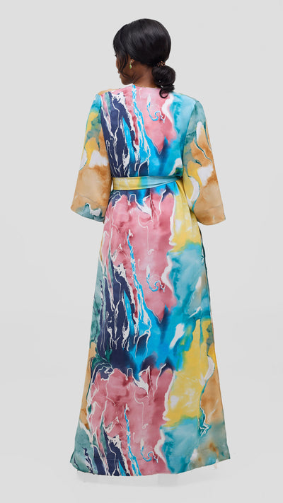 Vivo Alek High Slit Kimono - Tan / Navy Print