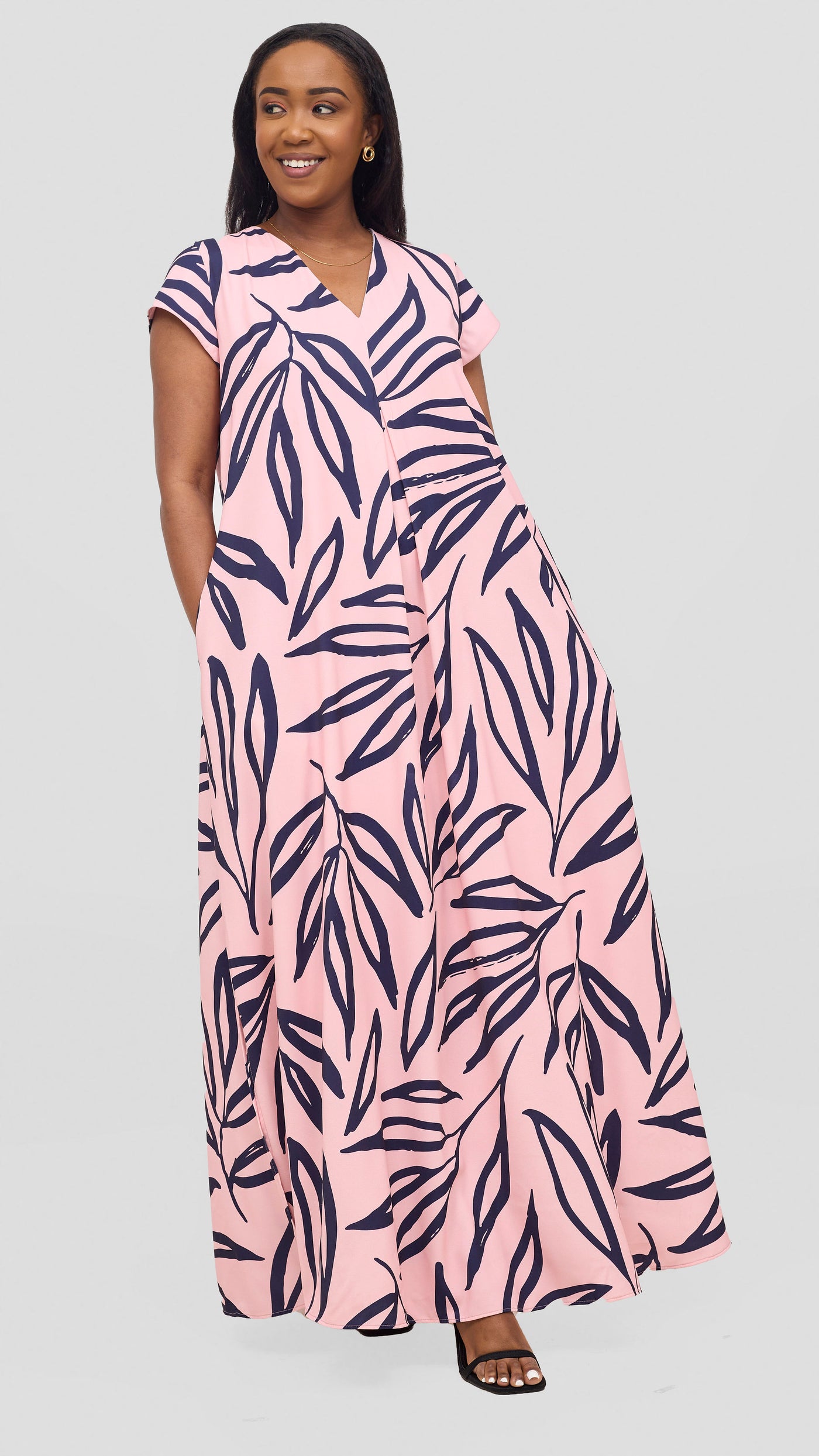 Vivo Kani Cap Sleeve Maxi Dress - Pink  / Navy Sari Print