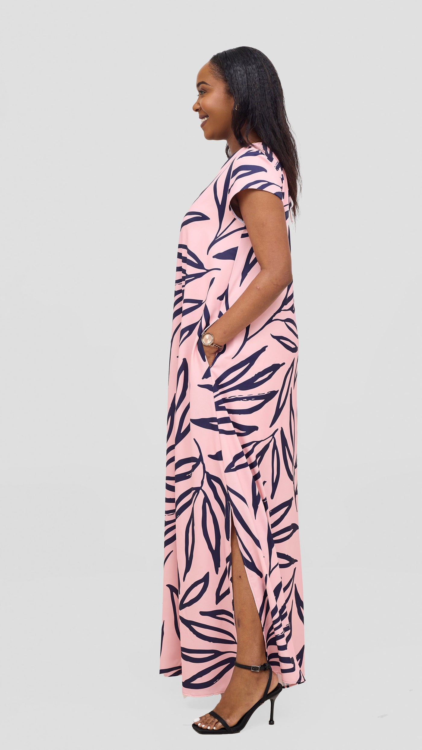 Vivo Kani Cap Sleeve Maxi Dress - Pink  / Navy Sari Print