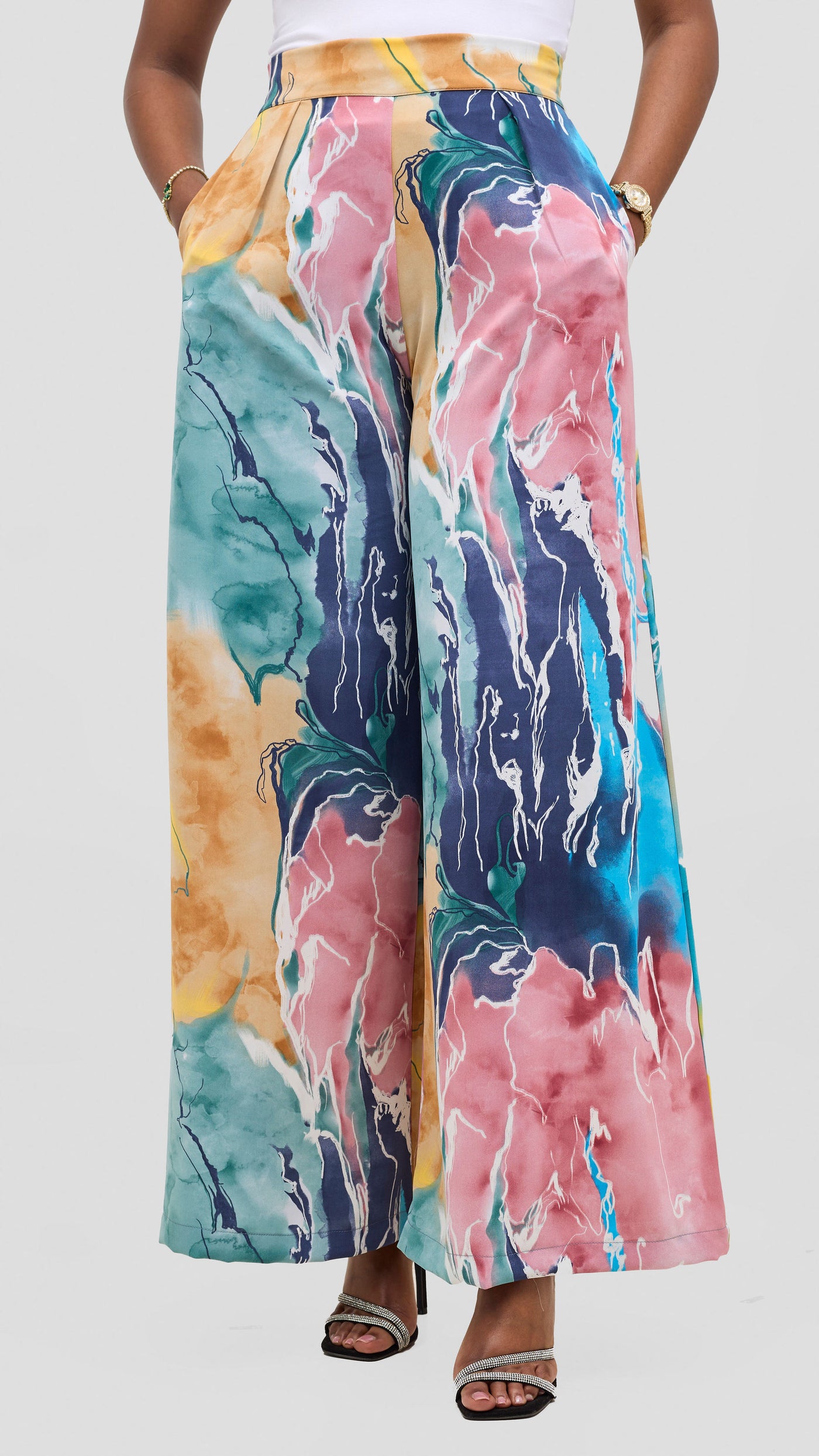 Vivo Basic Crepe Pants - Tan / Navy Print
