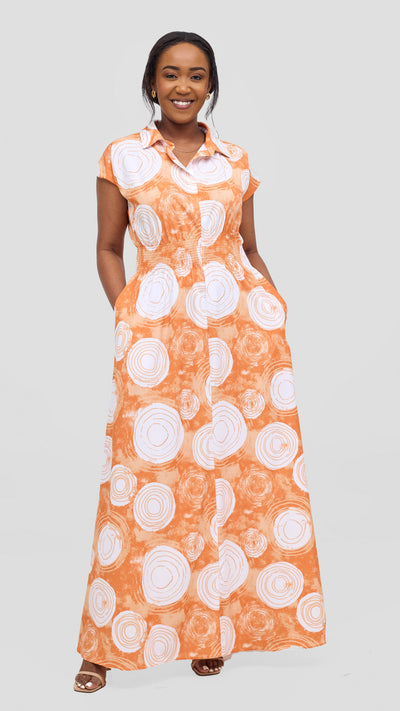 Vivo Zena Shirred Waist Maxi Shirt Dress - Orange / White Ebu Print