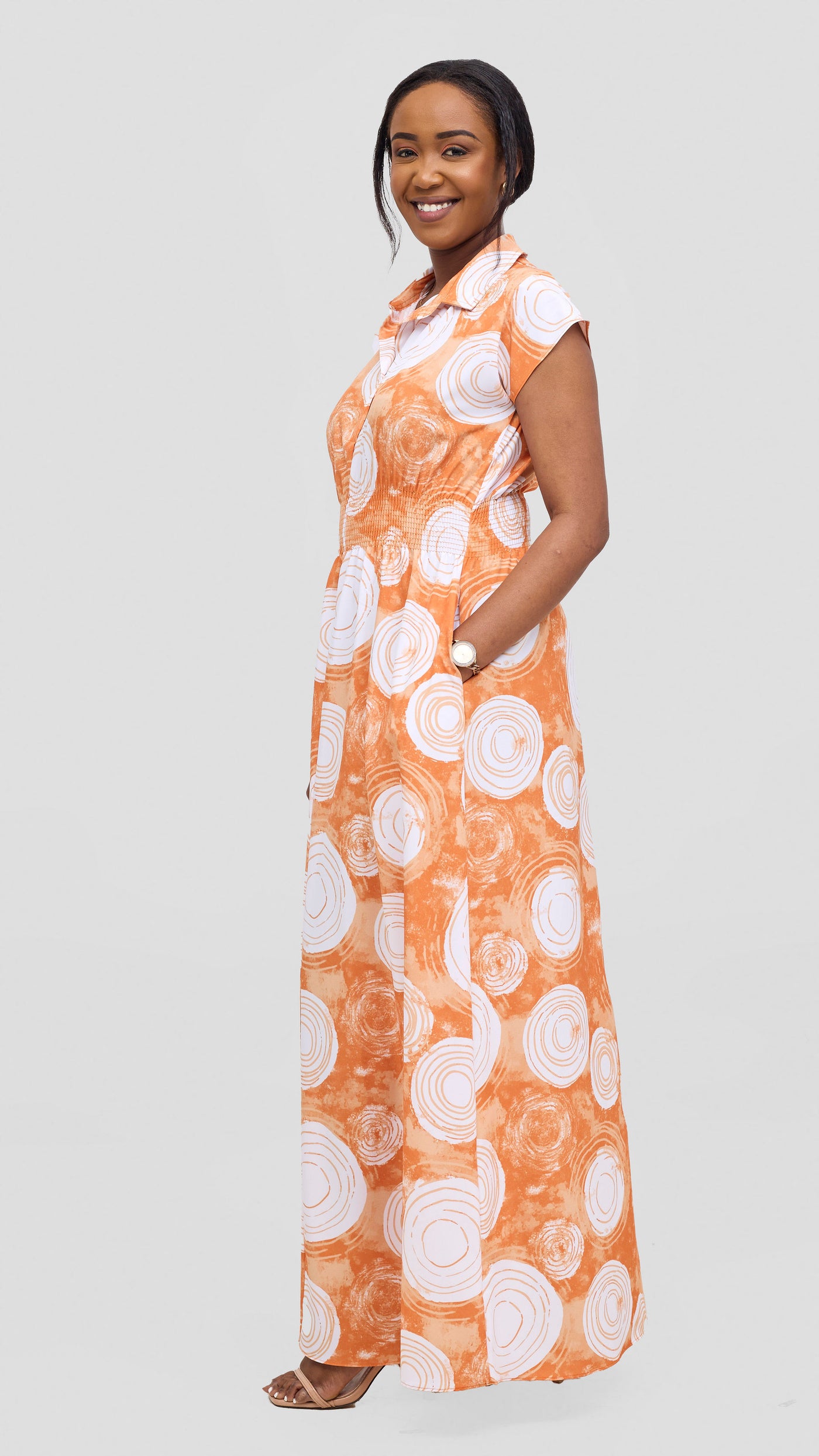 Vivo Zena Shirred Waist Maxi Shirt Dress - Orange / White Ebu Print