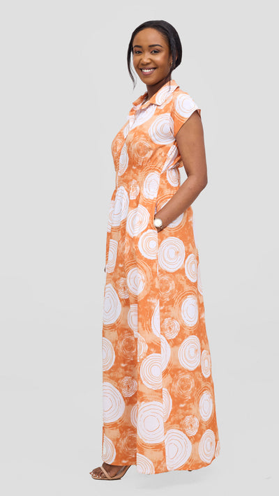 Vivo Zena Shirred Waist Maxi Shirt Dress - Orange / White Ebu Print