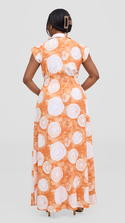 Vivo Zena Shirred Waist Maxi Shirt Dress - Orange / White Ebu Print