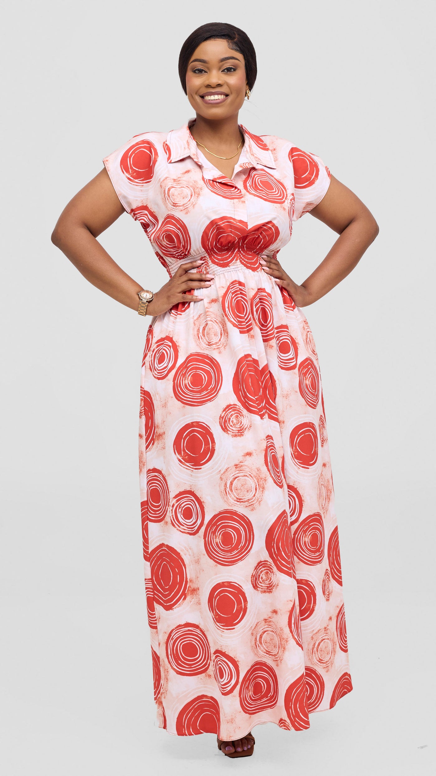 Vivo Zena Shirred Waist Maxi Shirt Dress - Red / Peach Ebu Print