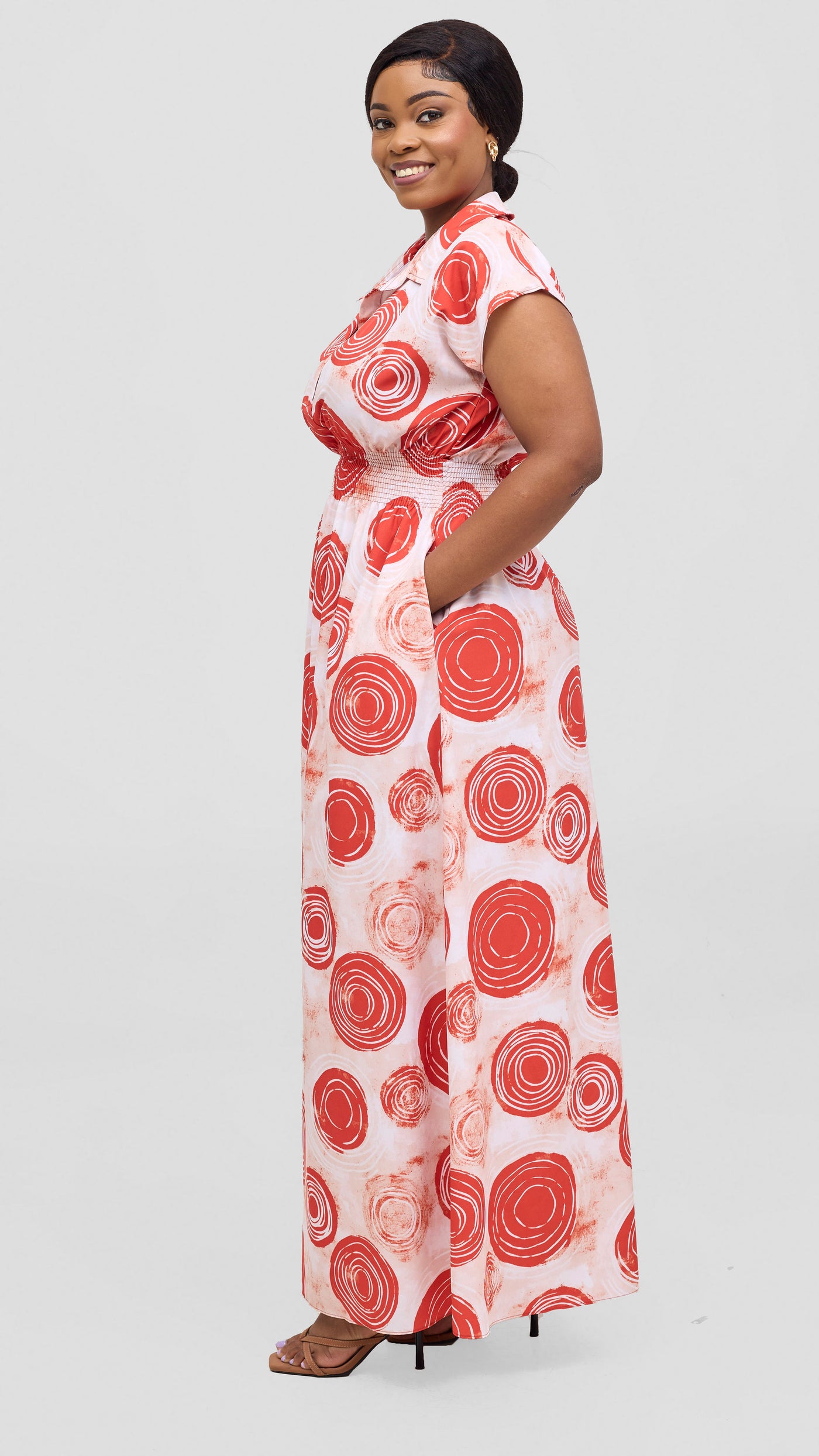 Vivo Zena Shirred Waist Maxi Shirt Dress - Red / Peach Ebu Print