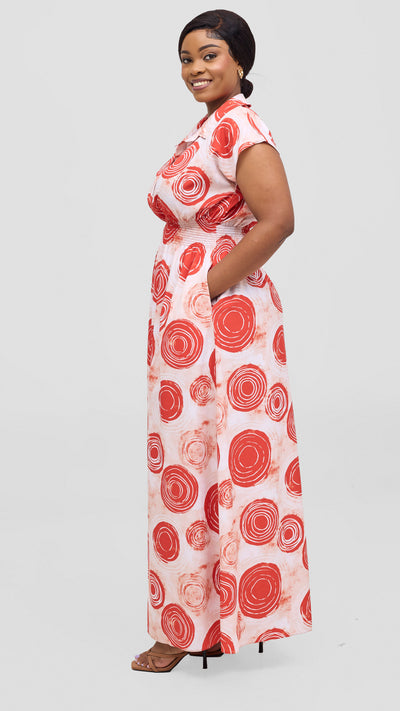 Vivo Zena Shirred Waist Maxi Shirt Dress - Red / Peach Ebu Print