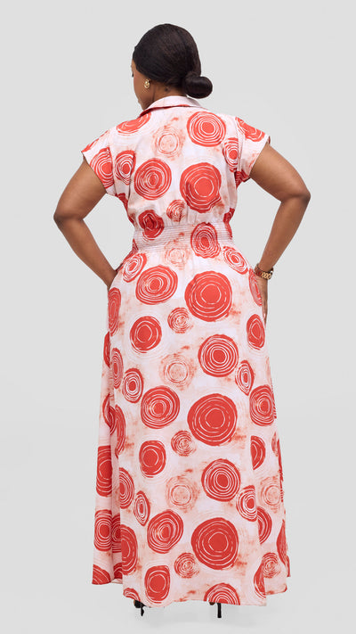 Vivo Zena Shirred Waist Maxi Shirt Dress - Red / Peach Ebu Print
