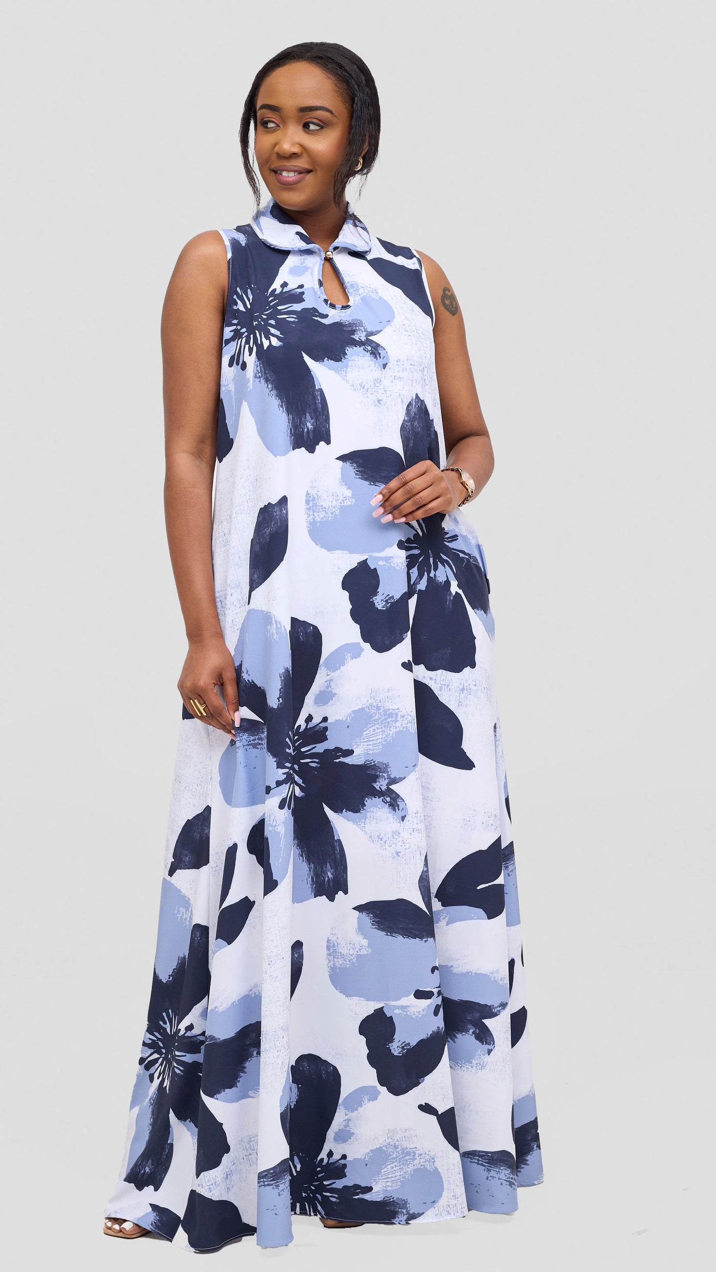 Vivo Asha Sleeveless Maxi Dress - Black / Grey Lalo Print