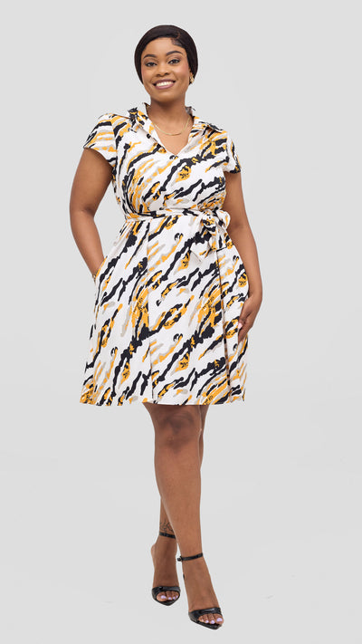 Vivo Zuri Cap Sleeve Knee Length Dress - White / Mustard Print