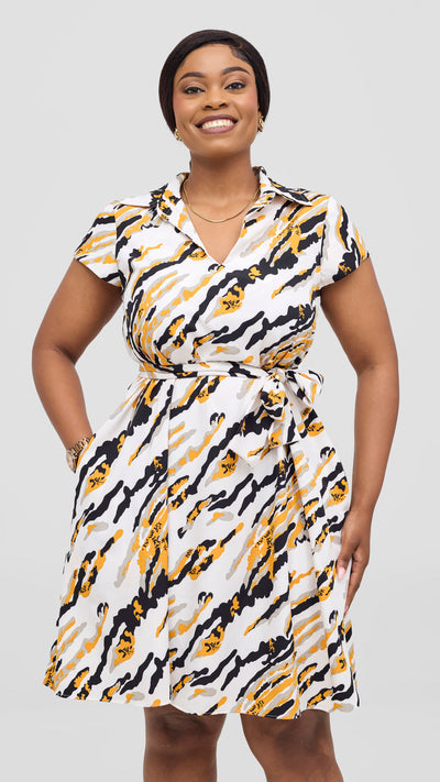 Vivo Zuri Cap Sleeve Knee Length Dress - White / Mustard Print