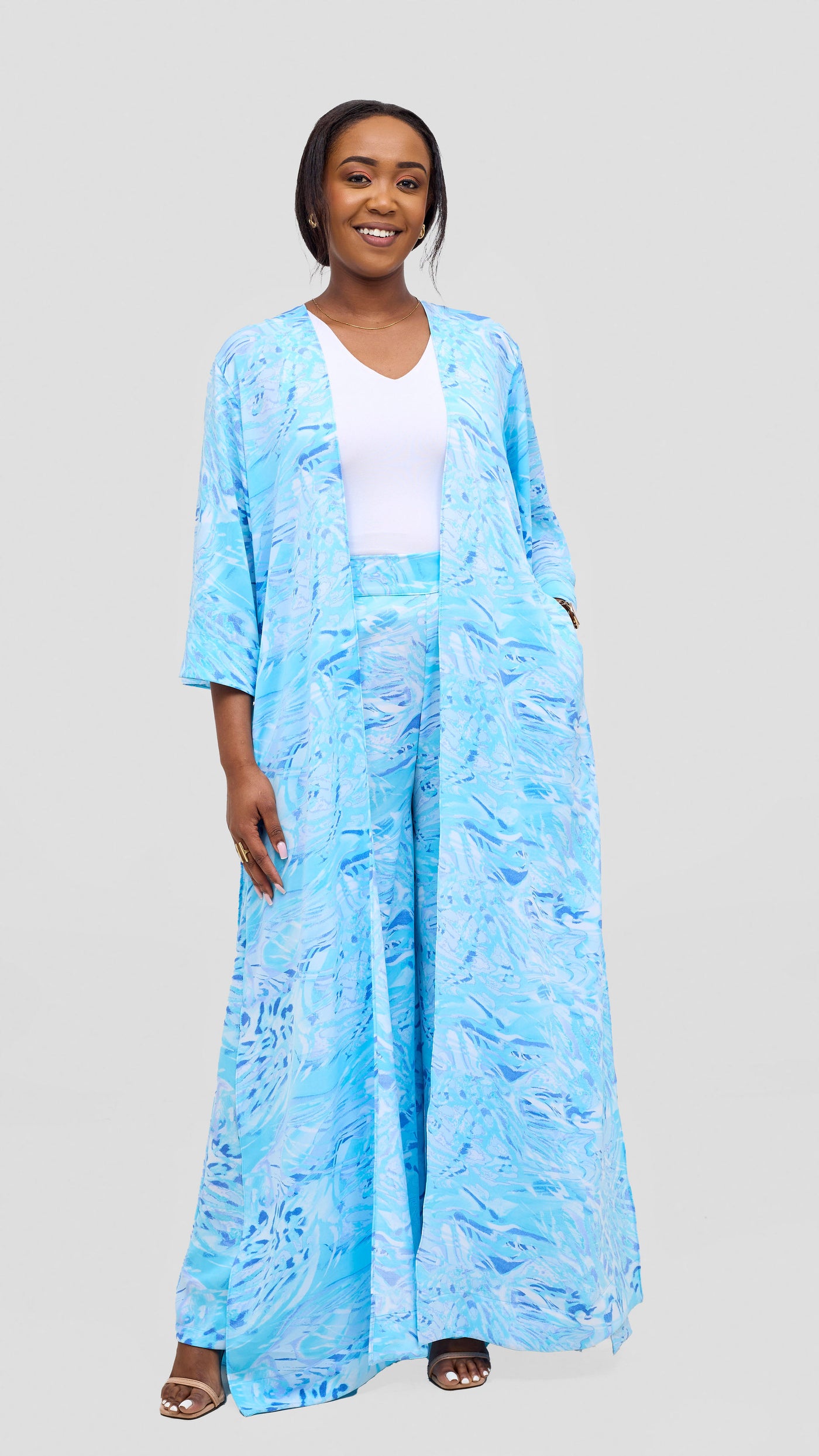 Vivo Alek High Slit Kimono - Light Blue / Turquoise Print