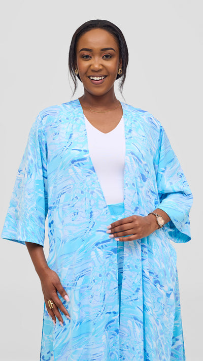 Vivo Alek High Slit Kimono - Light Blue / Turquoise Print